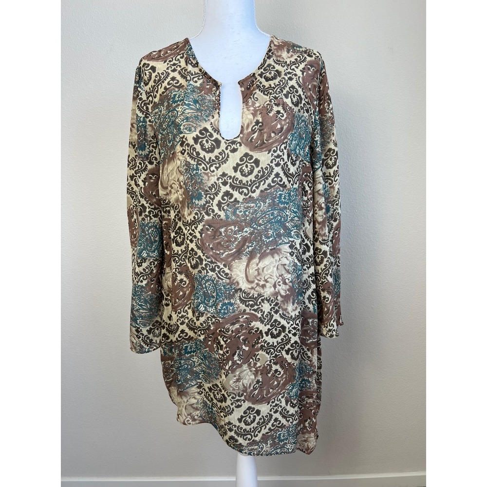 Michael Taylor Paisley Peasant Tunic Top Large Boho Whimsigoth Earthy Brown Teal